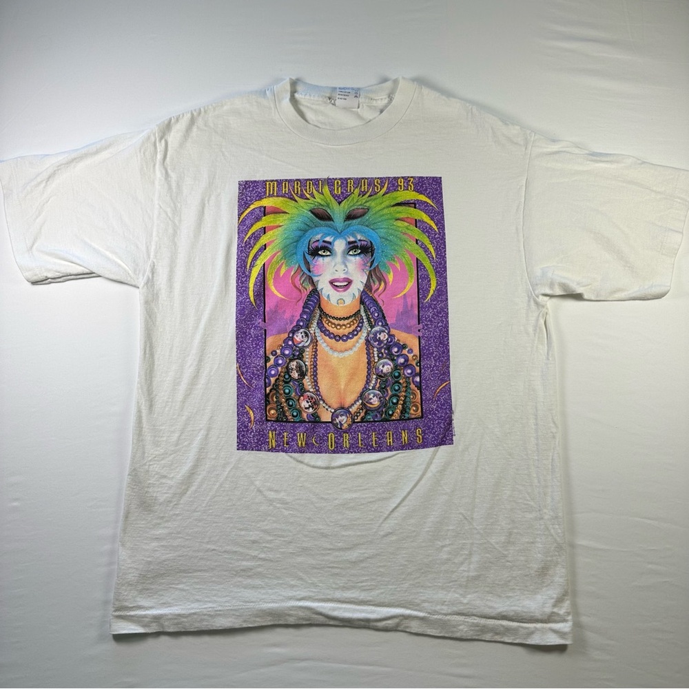 Vintage 1993 New Orleans Mardi Gras Mask T Shirt XL White Single Stitch